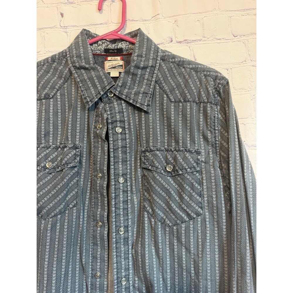 VTG Hilfiger Denim Mens Medium Slim Fit Pearl Snap Western Shirt Gray Geo Print